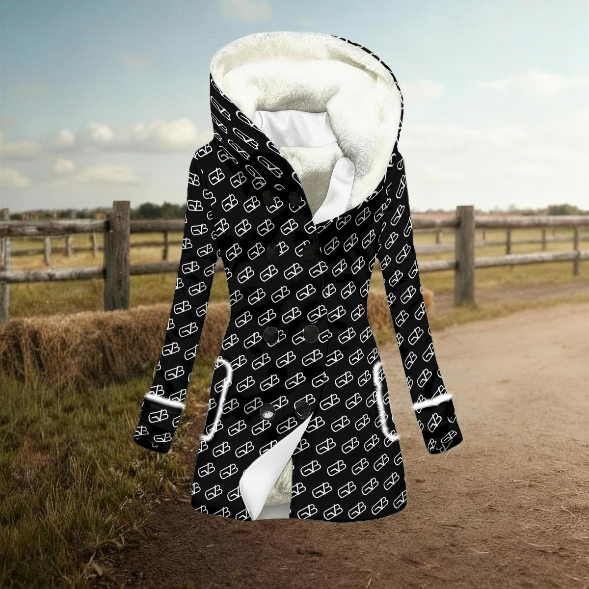 Hooded Double-Breasted Winter Coat Black