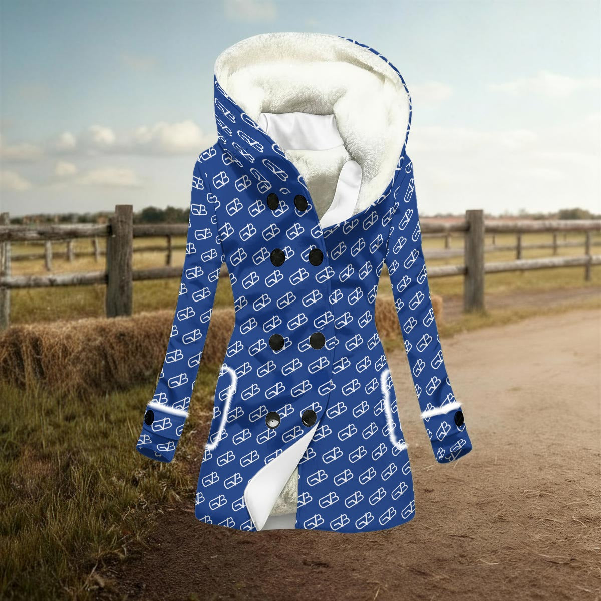 Hooded Double-Breasted Winter Coat Blue